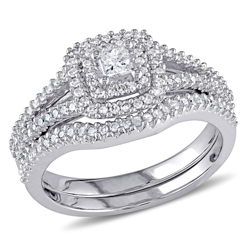 Main Image 1 of Previously Owned - 1/2 CT. T.W. Princess-Cut Diamond Double Frame Bridal Set in Sterling Silver