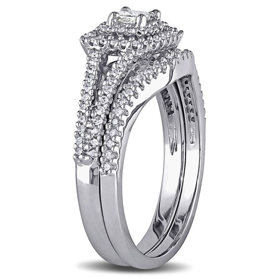 Previously Owned - 1/2 CT. T.w. Princess-Cut Diamond Double Frame Bridal Set in Sterling Silver