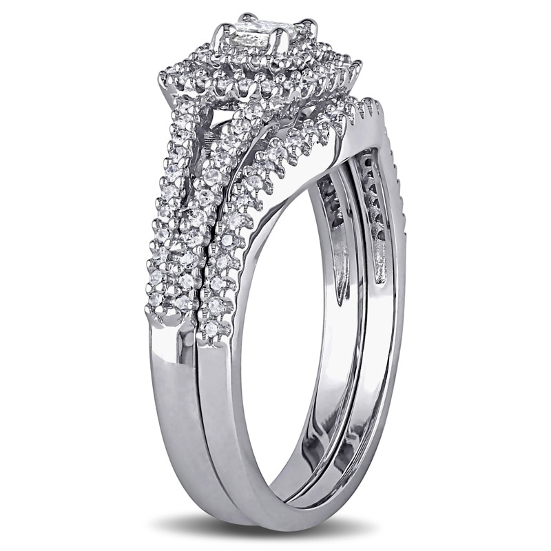 Main Image 2 of Previously Owned - 1/2 CT. T.W. Princess-Cut Diamond Double Frame Bridal Set in Sterling Silver