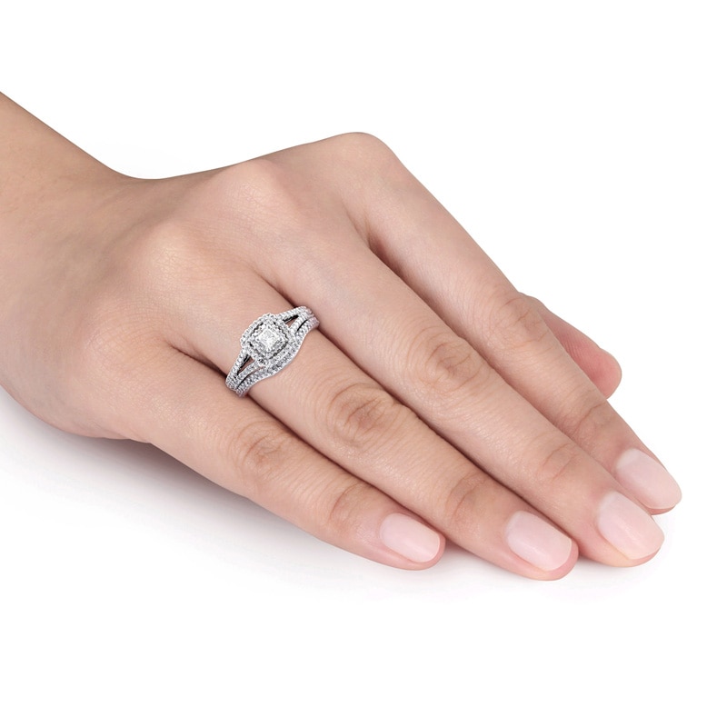 Main Image 4 of Previously Owned - 1/2 CT. T.W. Princess-Cut Diamond Double Frame Bridal Set in Sterling Silver