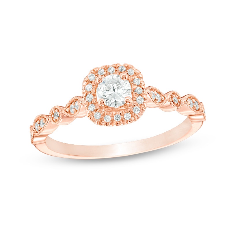 Main Image 1 of Previously Owned - 3/8 CT. T.W. Diamond Cushion Frame Vintage-Style Engagement Ring in 14K Rose Gold