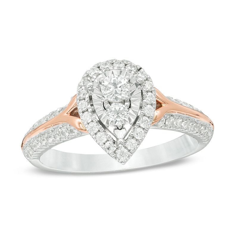 Main Image 1 of Previously Owned - 1/2 CT. T.W. Diamond Pear-Shaped Frame Engagement Ring in 14K Two-Tone Gold
