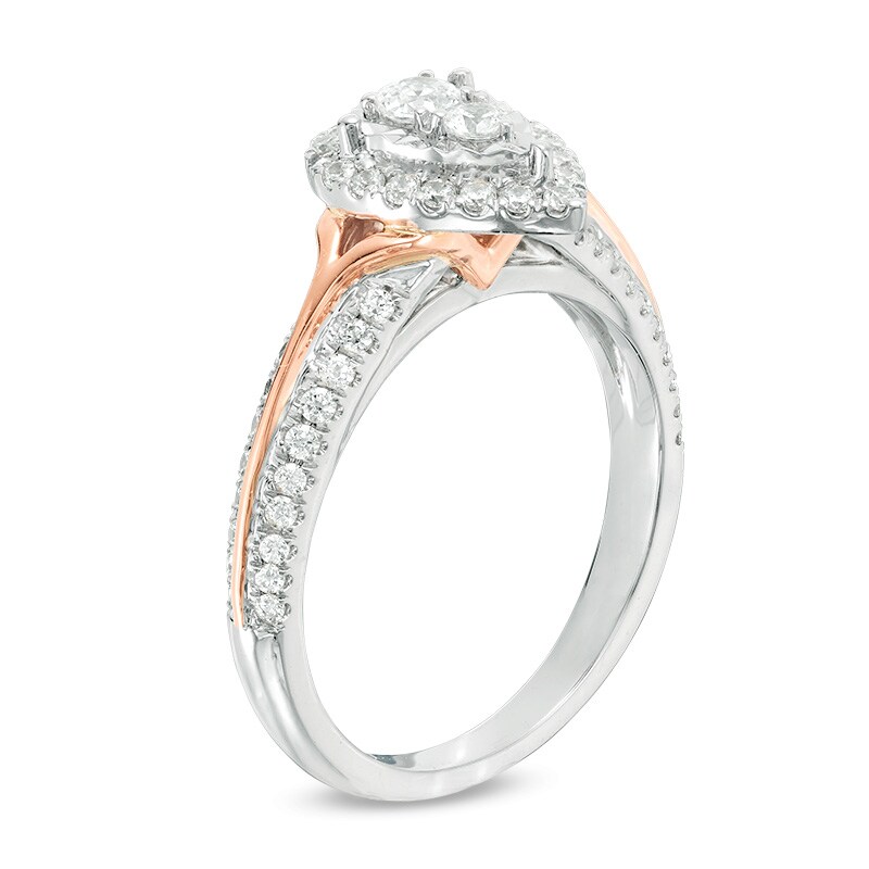 Main Image 2 of Previously Owned - 1/2 CT. T.W. Diamond Pear-Shaped Frame Engagement Ring in 14K Two-Tone Gold