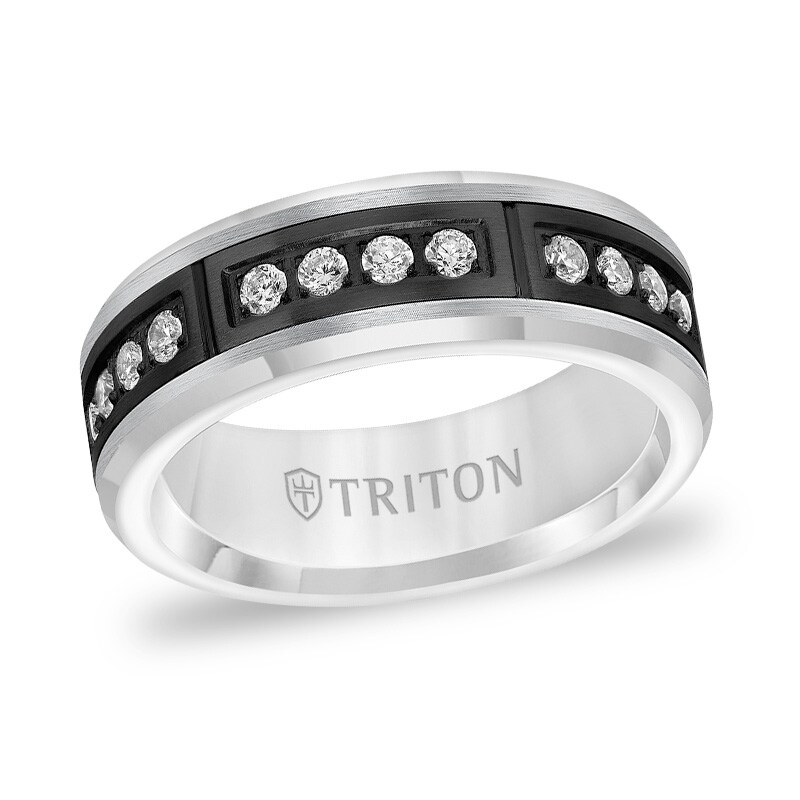 Main Image 1 of Previously Owned - Triton 3/8 CT. T.W. Diamond Wedding Band in Tungsten with Black PVD Plate
