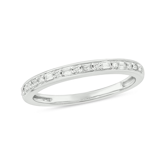 Previously Owned - 1/8 CT. T.w. Baguette and Round Diamond Alternating Stackable Band in 10K White Gold