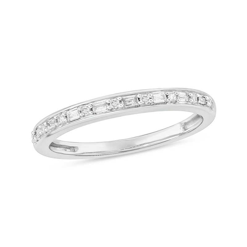 Main Image 1 of Previously Owned - 1/8 CT. T.W. Baguette and Round Diamond Alternating Stackable Band in 10K White Gold