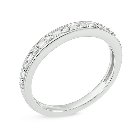 Previously Owned - 1/8 CT. T.w. Baguette and Round Diamond Alternating Stackable Band in 10K White Gold