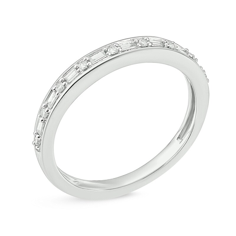 Main Image 2 of Previously Owned - 1/8 CT. T.W. Baguette and Round Diamond Alternating Stackable Band in 10K White Gold