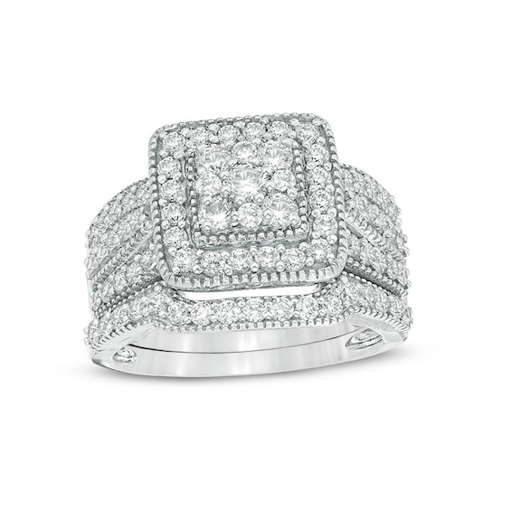 Previously Owned - 1-1/4 CT. T.w. Composite Diamond Square Frame Vintage-Style Multi-Row Bridal Set in 10K White Gold