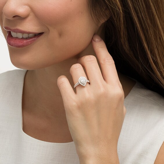 Previously Owned - 1 CT. T.w. Pear-Shaped Diamond Double Frame Engagement Ring in 14K White Gold