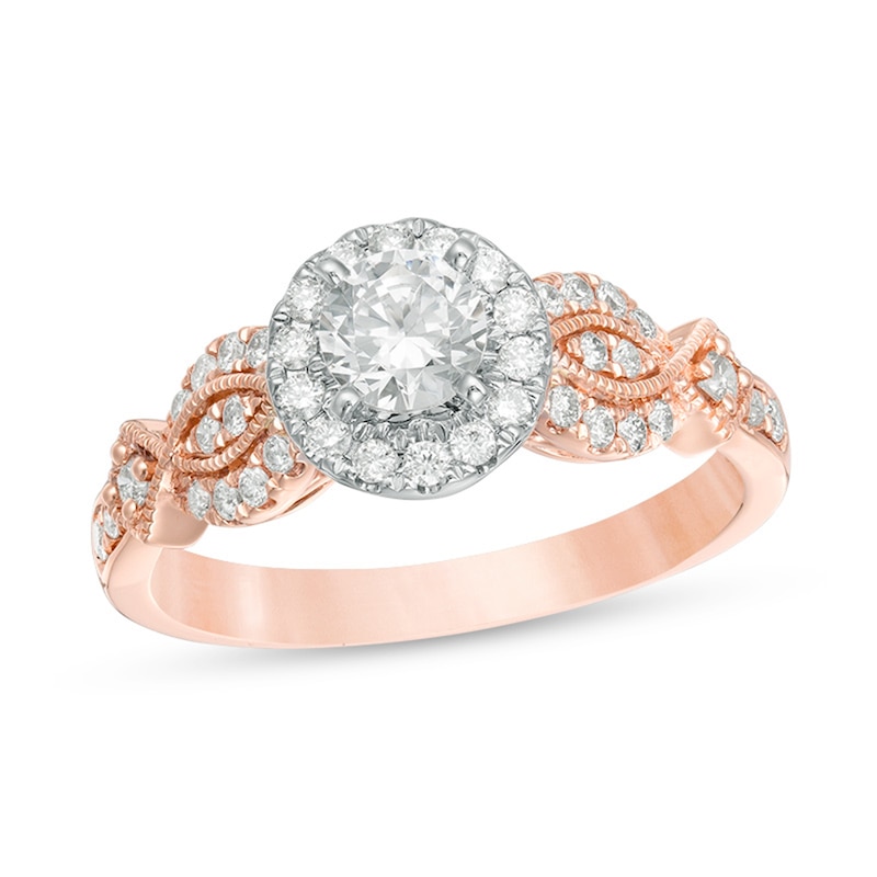Main Image 1 of Previously Owned - 3/4 CT. T.W. Diamond Frame Twist Vintage-Style Engagement Ring in 10K Rose Gold