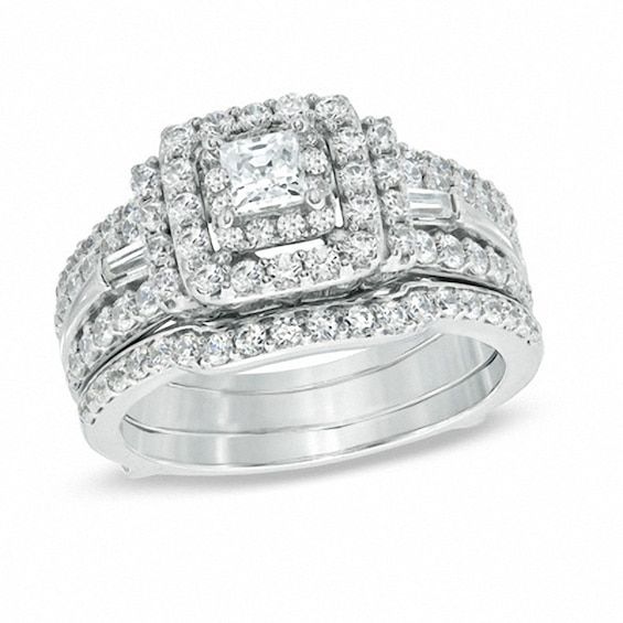 Previously Owned - 1-1/2 CT. T.w. Princess-Cut Diamond Double Frame Bridal Set in 14K White Gold