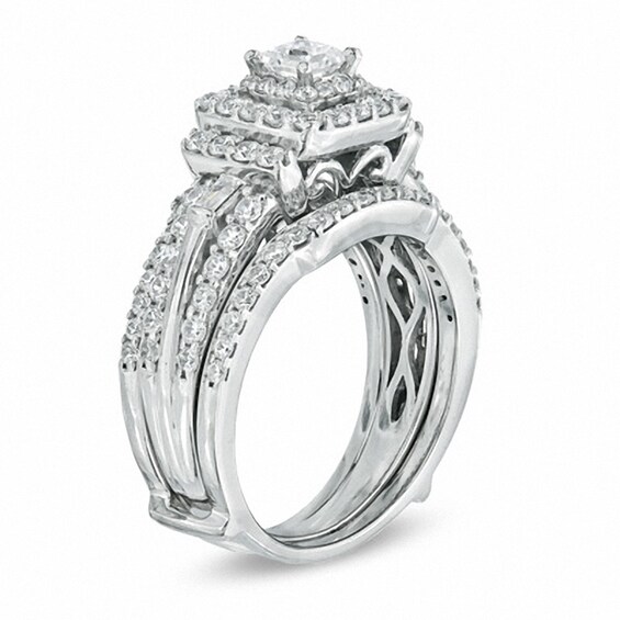 Previously Owned - 1-1/2 CT. T.w. Princess-Cut Diamond Double Frame Bridal Set in 14K White Gold