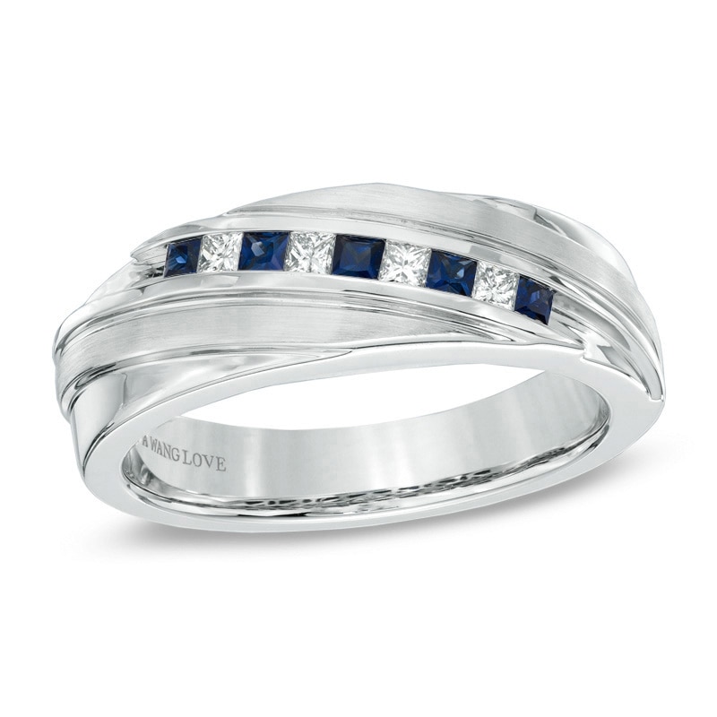 Main Image 1 of Previously Owned - Vera Wang Love Collection Men's Blue Sapphire and 1/6 CT. T.W. Diamond Band in 14K White Gold