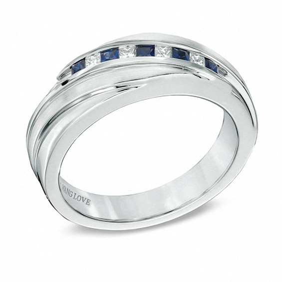 Previously Owned - Vera Wang Men's Blue Sapphire and 1/6 CT. T.w. Diamond Band in 14K White Gold