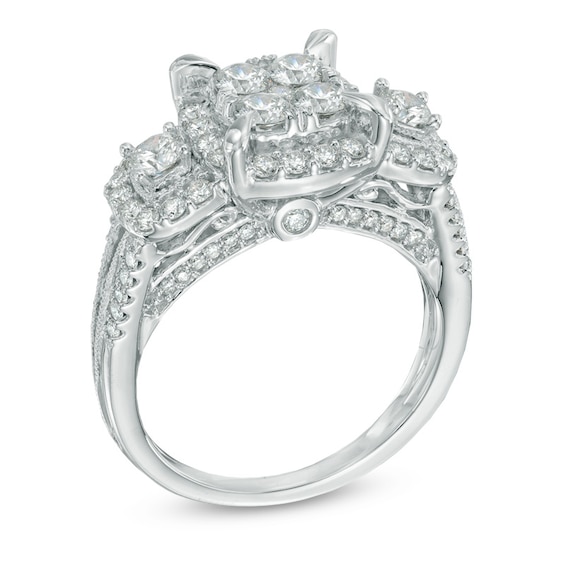 Previously Owned - 1-1/2 CT. T.w. Quad Diamond Frame Three Stone Engagement Ring in 14K White Gold