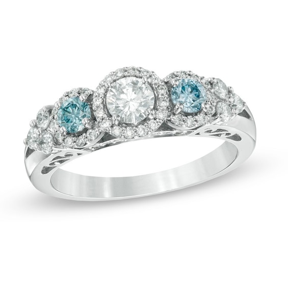 Previously Owned - 1 CT. T.w. Diamond Frame Three Stone Engagement Ring in 14K White Gold (I/I2)