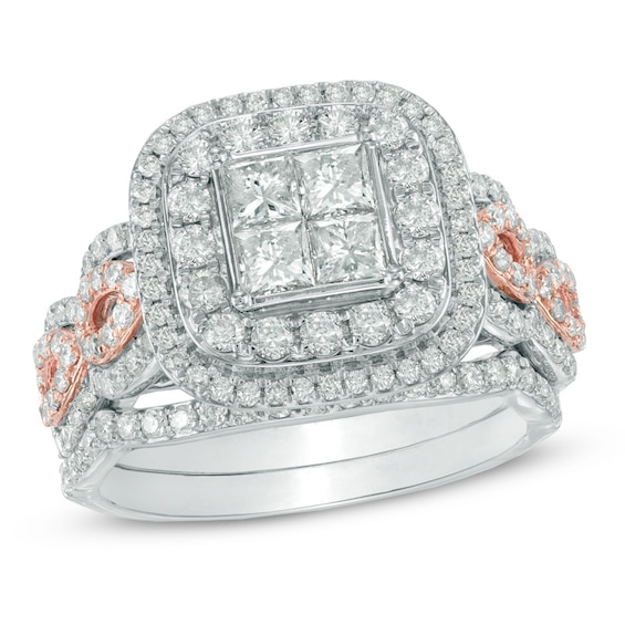 Previously Owned - 1-3/4 CT. T.w. Princess-Cut Quad Diamond Double Frame Bridal Set in 14K Two-Tone Gold