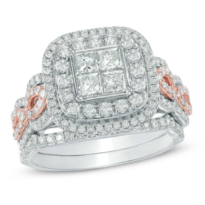 Main Image 1 of Previously Owned - 1-3/4 CT. T.W. Princess-Cut Quad Diamond Double Frame Bridal Set in 14K Two-Tone Gold