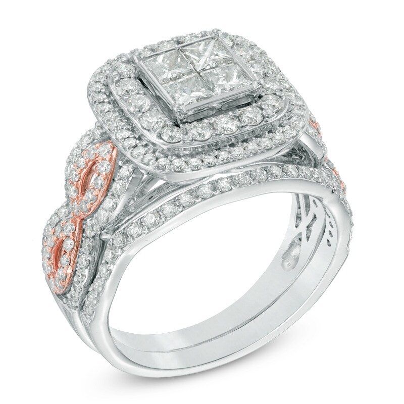 Main Image 2 of Previously Owned - 1-3/4 CT. T.W. Princess-Cut Quad Diamond Double Frame Bridal Set in 14K Two-Tone Gold