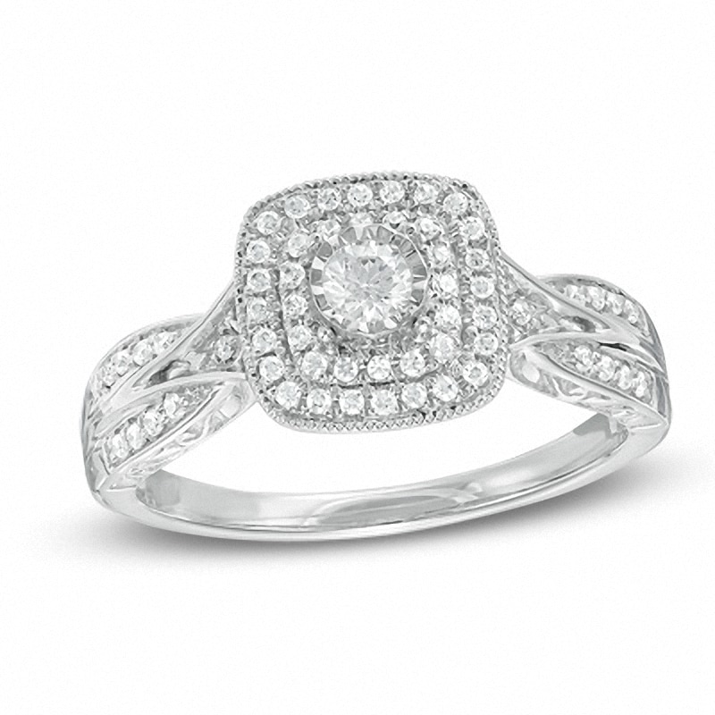Main Image 1 of Previously Owned - 1/3 CT. T.W. Diamond Vintage-Style Double Frame Interlocking Shank Engagement Ring in 10K White Gold