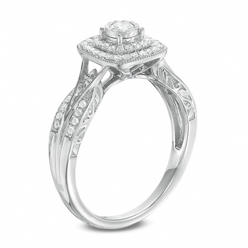 Main Image 2 of Previously Owned - 1/3 CT. T.W. Diamond Vintage-Style Double Frame Interlocking Shank Engagement Ring in 10K White Gold