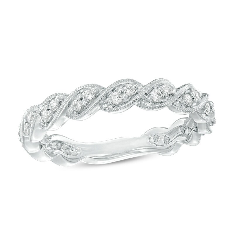 Main Image 1 of Previously Owned - 1/4 CT. T.W. Diamond Twist Vintage-Style Stackable Band in 14K White Gold