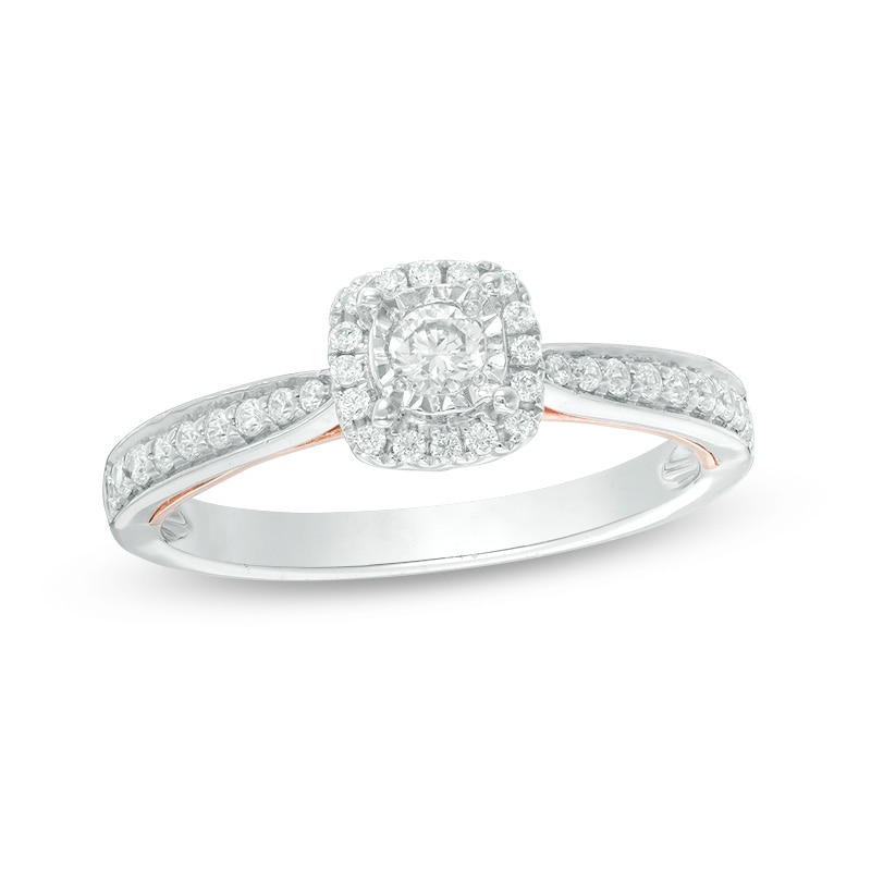 Main Image 1 of Previously Owned - 1/3 CT. T.W. Diamond Cushion Frame Engagement Ring in 10K Two-Tone Gold