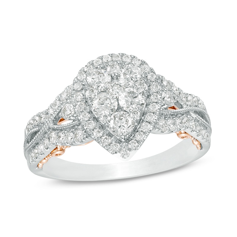Main Image 1 of Previously Owned - 1 CT. T.W. Composite Diamond Pear-Shaped Frame Engagement Ring in 10K Two-Tone Gold