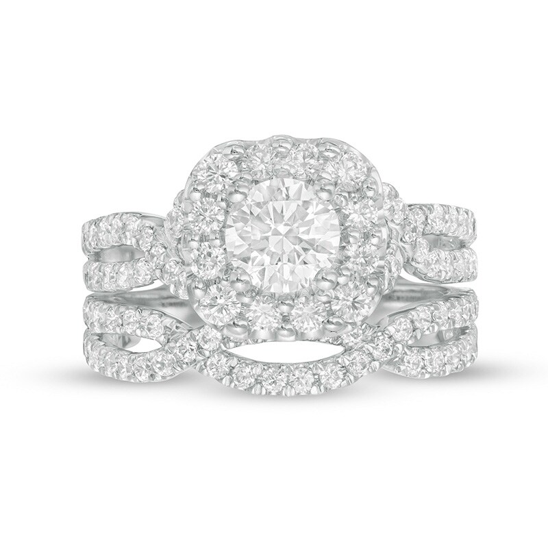 Main Image 4 of Previously Owned - Love's Destiny by Zales 2 CT. T.W. Diamond Cushion Frame Bridal Set in 14K White Gold (I/SI2)