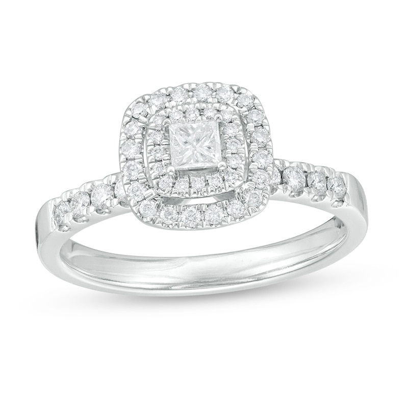Main Image 1 of Previously Owned - 1/2 CT. T.W. Princess-Cut Diamond Double Frame Engagement Ring in 10K White Gold