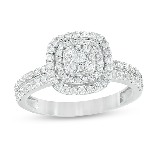Previously Owned - 5/8 CT. T.w. Diamond Triple Cushion Frame Two Row Engagement Ring in 10K White Gold
