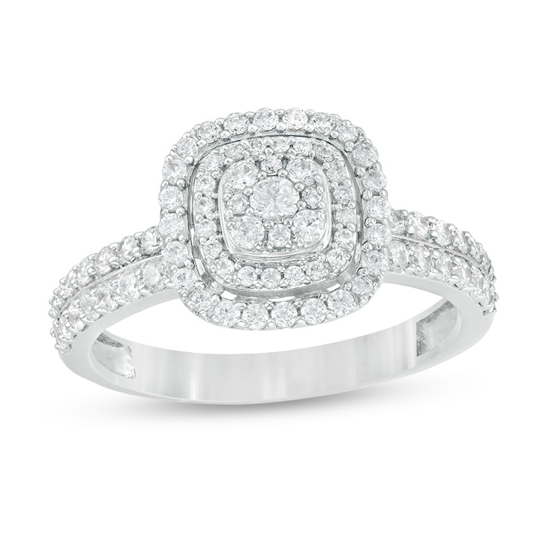 Previously Owned - 5/8 CT. T.W. Diamond Triple Cushion Frame Two Row Engagement Ring in 10K White Gold