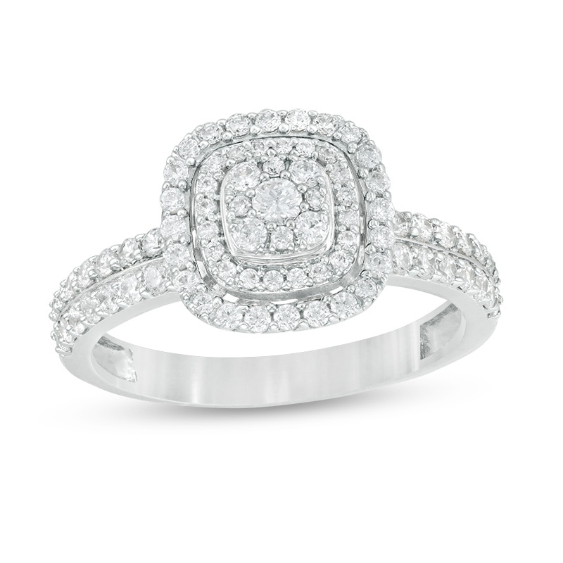 Main Image 1 of Previously Owned - 5/8 CT. T.W. Diamond Triple Cushion Frame Two Row Engagement Ring in 10K White Gold
