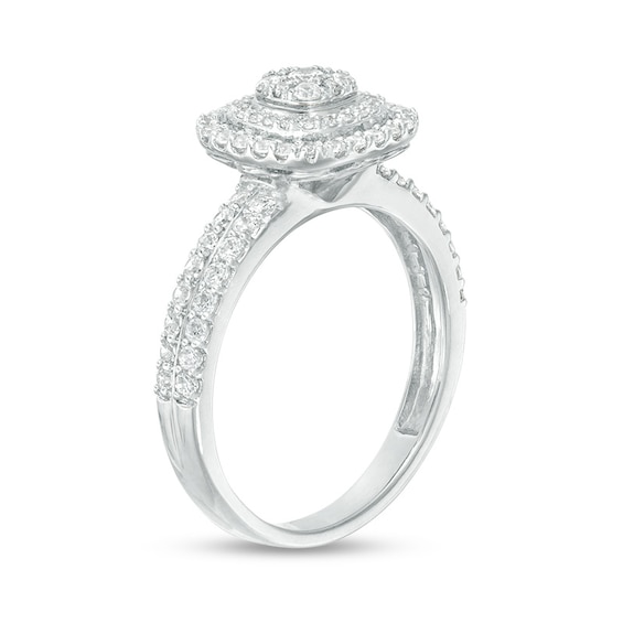 Previously Owned - 5/8 CT. T.w. Diamond Triple Cushion Frame Two Row Engagement Ring in 10K White Gold