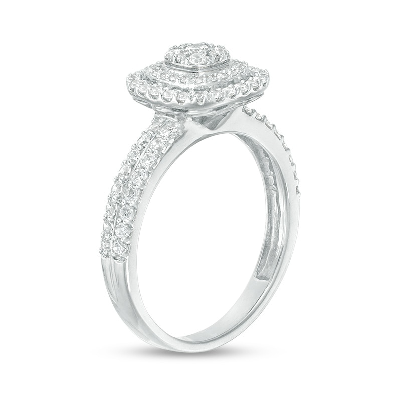 Main Image 2 of Previously Owned - 5/8 CT. T.W. Diamond Triple Cushion Frame Two Row Engagement Ring in 10K White Gold