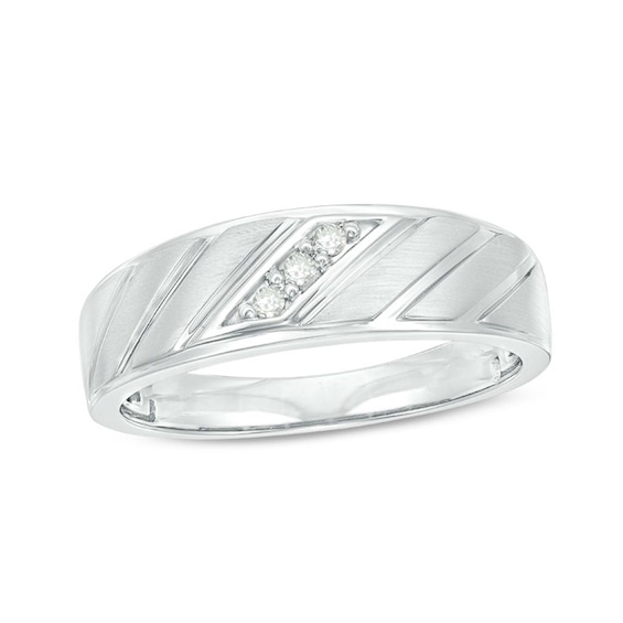 Previously Owned - 1/20 CT. T.w. Diamond Three Stone Slant Groove Wedding Band in 10K White Gold