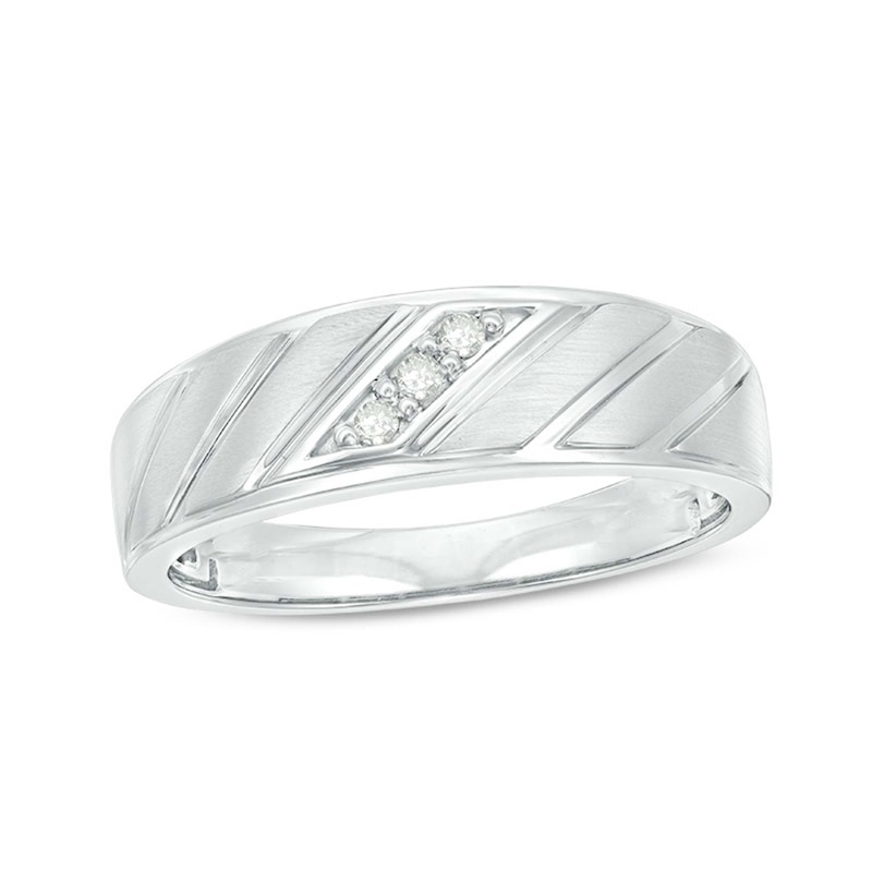 Main Image 1 of Previously Owned - 1/20 CT. T.W. Diamond Three Stone Slant Groove Wedding Band in 10K White Gold