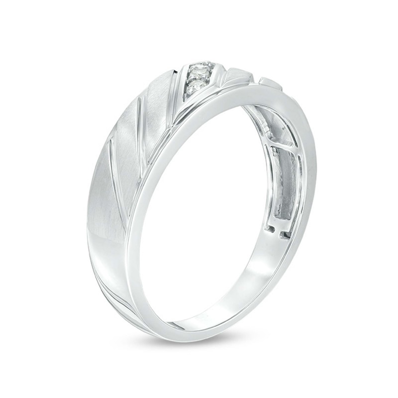 Main Image 2 of Previously Owned - 1/20 CT. T.W. Diamond Three Stone Slant Groove Wedding Band in 10K White Gold