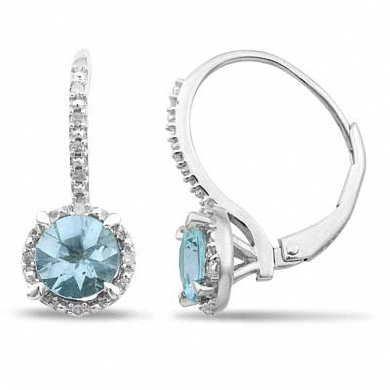 Main Image 1 of Previously Owned - 6.0mm Aquamarine and Diamond Accent Drop Earrings in Sterling Silver