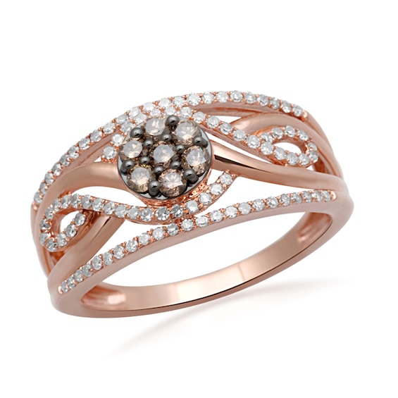 Previously Owned - 1/2 CT. T.w. Champagne and White Diamond Cluster Infinity Ring in 10K Rose Gold