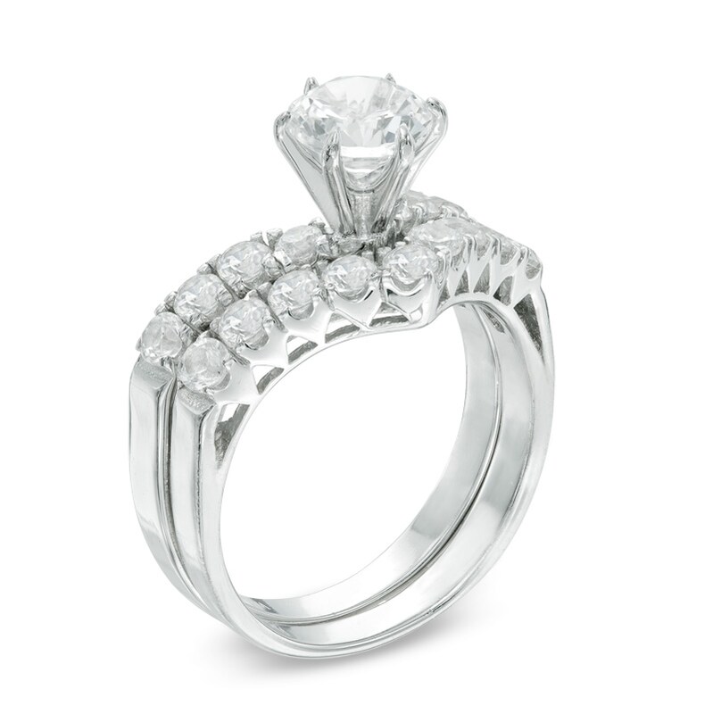 Main Image 2 of Previously Owned - 6.0mm Lab-Created White Sapphire Bridal Set in Sterling Silver