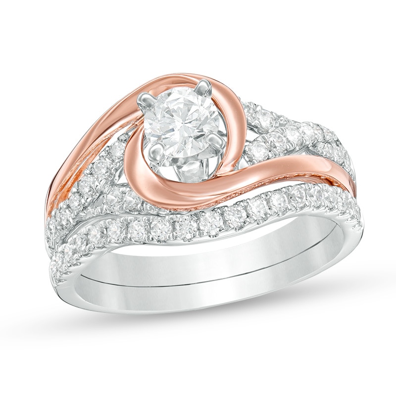 Main Image 1 of Previously Owned - 1 CT. T.W. Diamond Layered Bypass Swirl Bridal Set in 14K Two-Tone Gold