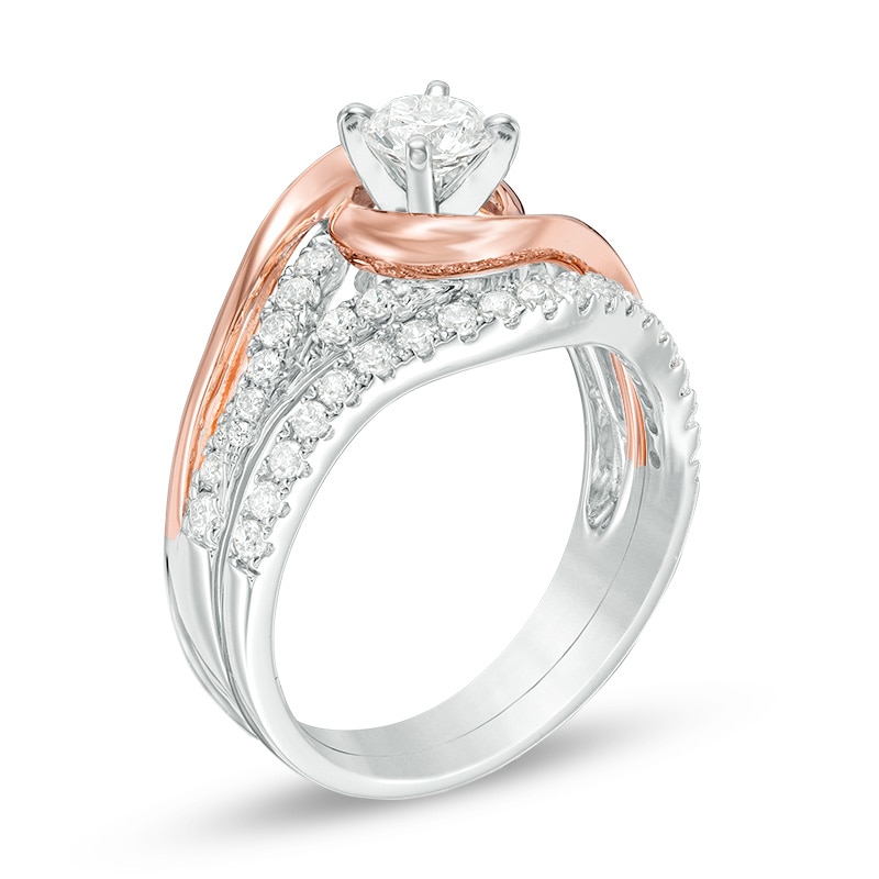Main Image 2 of Previously Owned - 1 CT. T.W. Diamond Layered Bypass Swirl Bridal Set in 14K Two-Tone Gold
