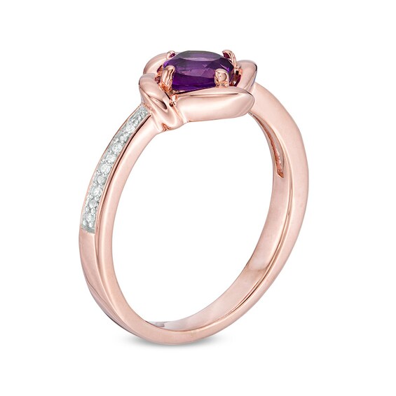 Previously Owned - 5.0mm Cushion-Cut Amethyst and Diamond Accent Tilted Swirl Frame Ring in 10K Rose Gold