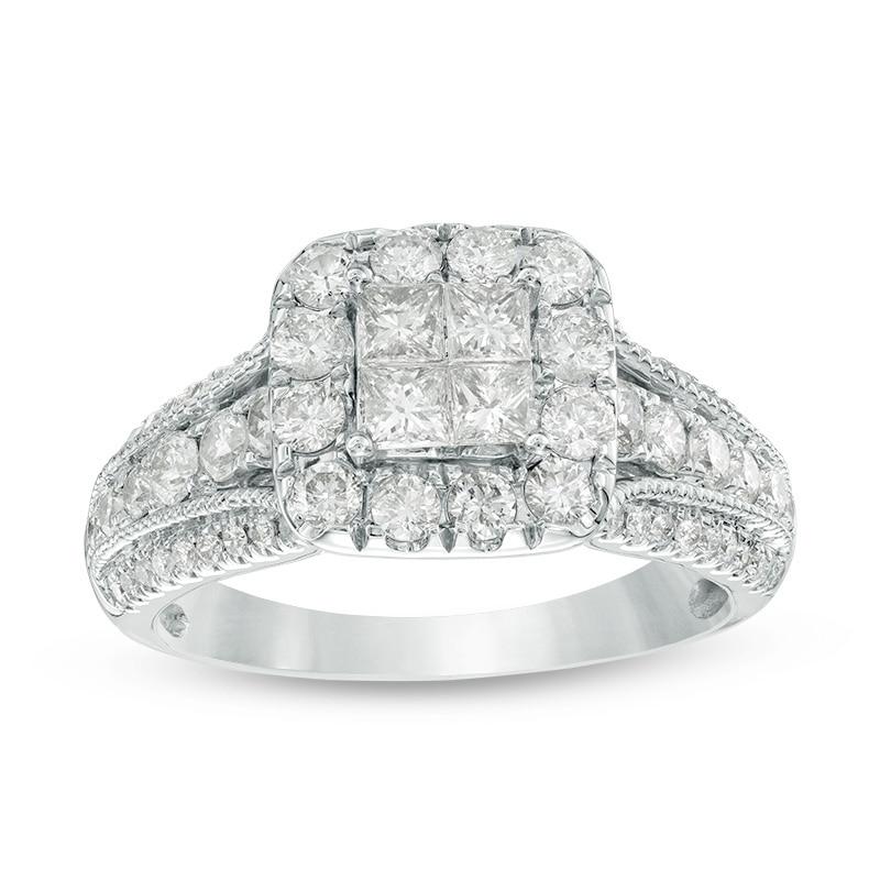 Main Image 1 of Previously Owned - 1-1/3 CT. T.W. Quad Princess-Cut Diamond Frame Vintage-Style Engagement Ring in 14K White Gold