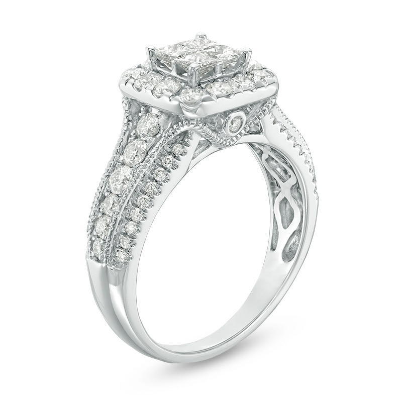 Main Image 2 of Previously Owned - 1-1/3 CT. T.W. Quad Princess-Cut Diamond Frame Vintage-Style Engagement Ring in 14K White Gold