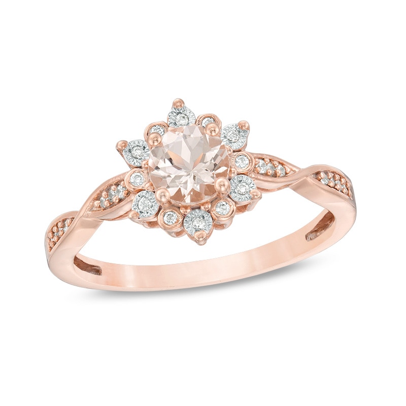 Main Image 1 of Previously Owned - 5.0mm Morganite and 1/10 CT. T.W. Diamond Ring in Sterling Silver with 14K Rose Gold Plate