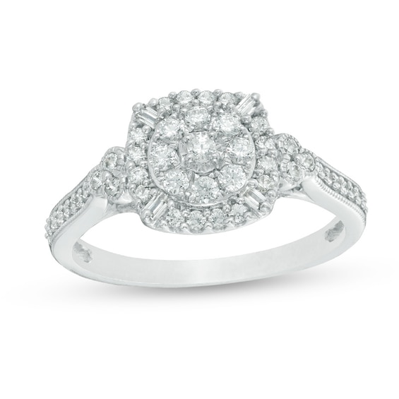 Previously Owned - 1/2 CT. T.w. Composite Diamond Cushion Frame Vintage-Style Tri-Sides Ring in 10K White Gold