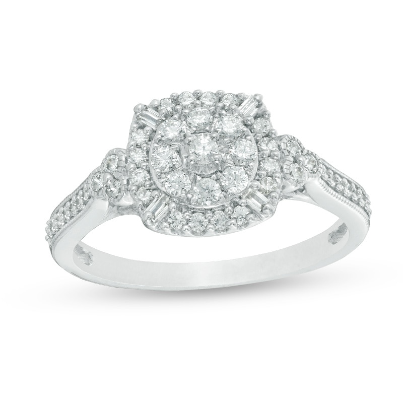 Main Image 1 of Previously Owned - 1/2 CT. T.W. Composite Diamond Cushion Frame Vintage-Style Tri-Sides Ring in 10K White Gold